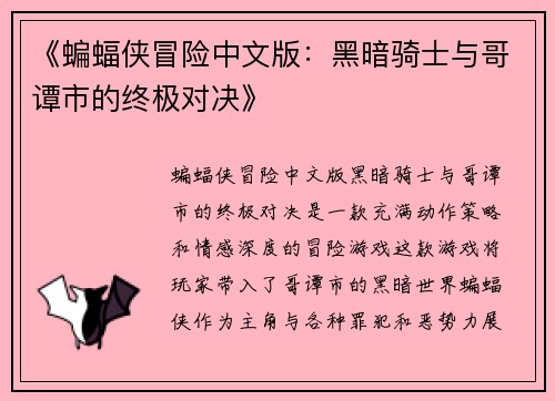 《蝙蝠侠冒险中文版：黑暗骑士与哥谭市的终极对决》